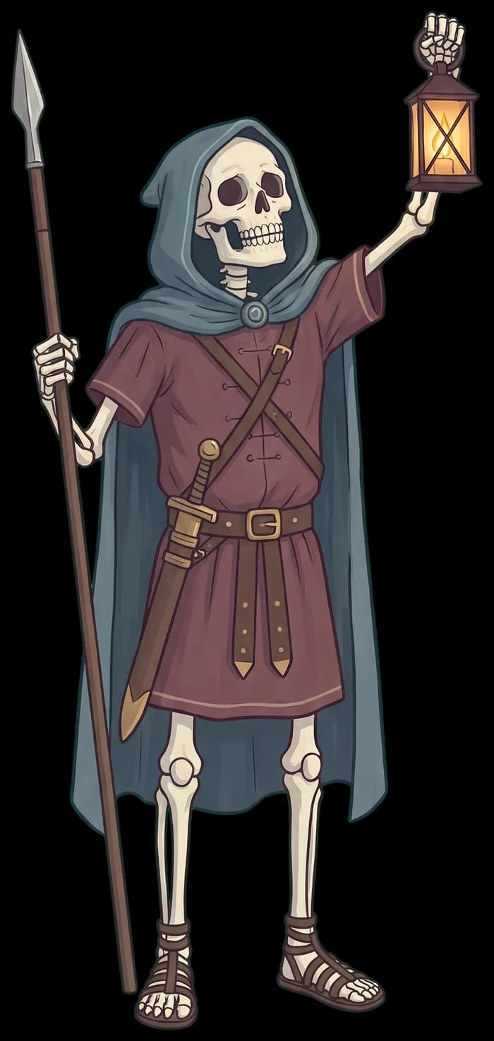 The augur, Augur's skeleton narrator, raising his lantern
